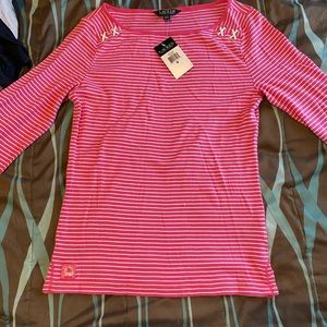 Lauren Ralf Lauren, Pink and white stripped long sleeve shirt- WITH TAGS